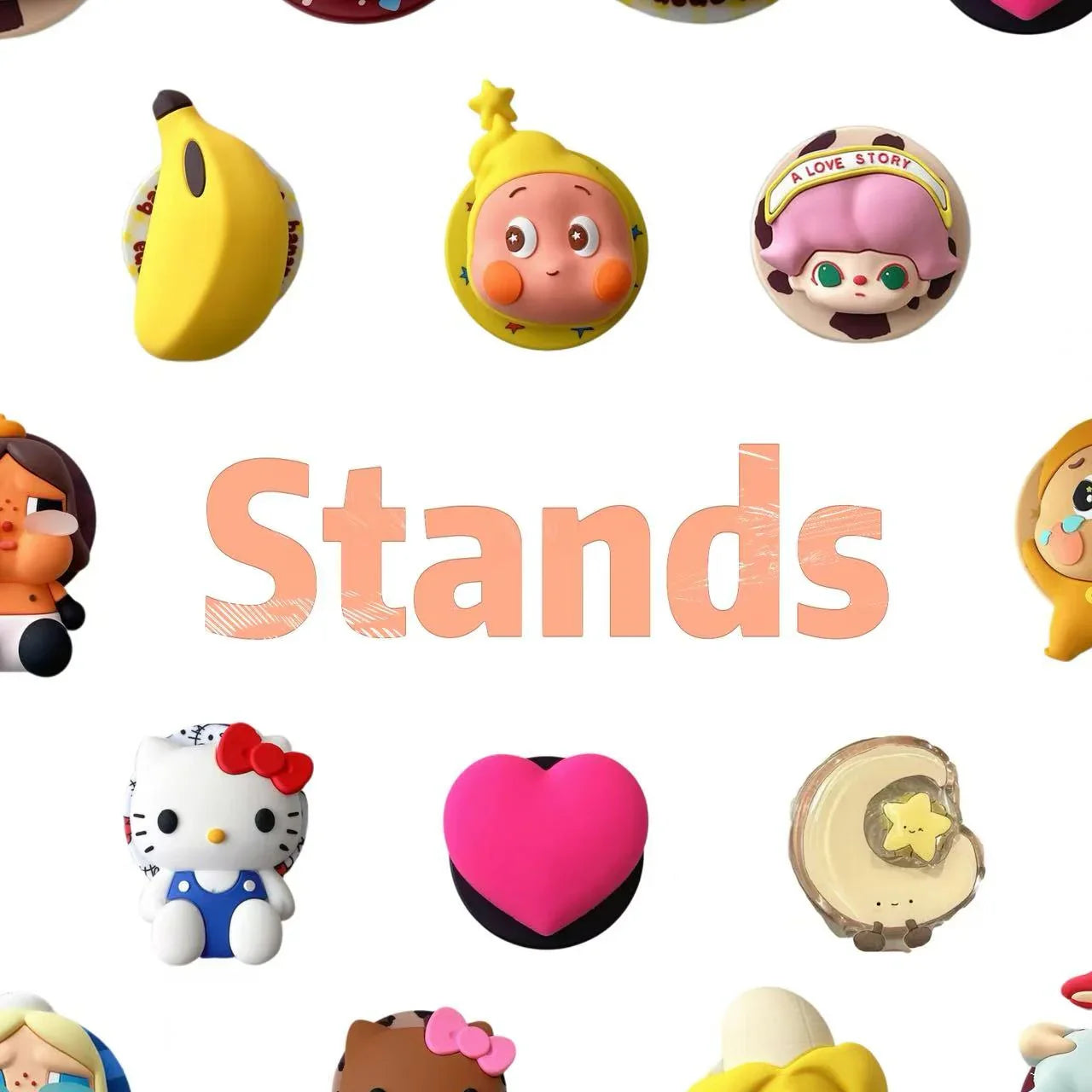 Colorful phone stands with cartoon and heart designs arranged around the word 'Stands' on white background