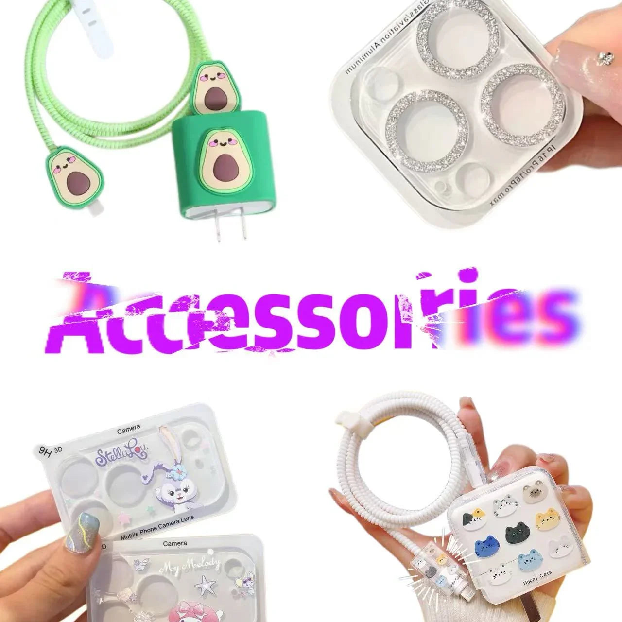 Cute avocado green phone charger and white cat design phone camera lens protectors accessories